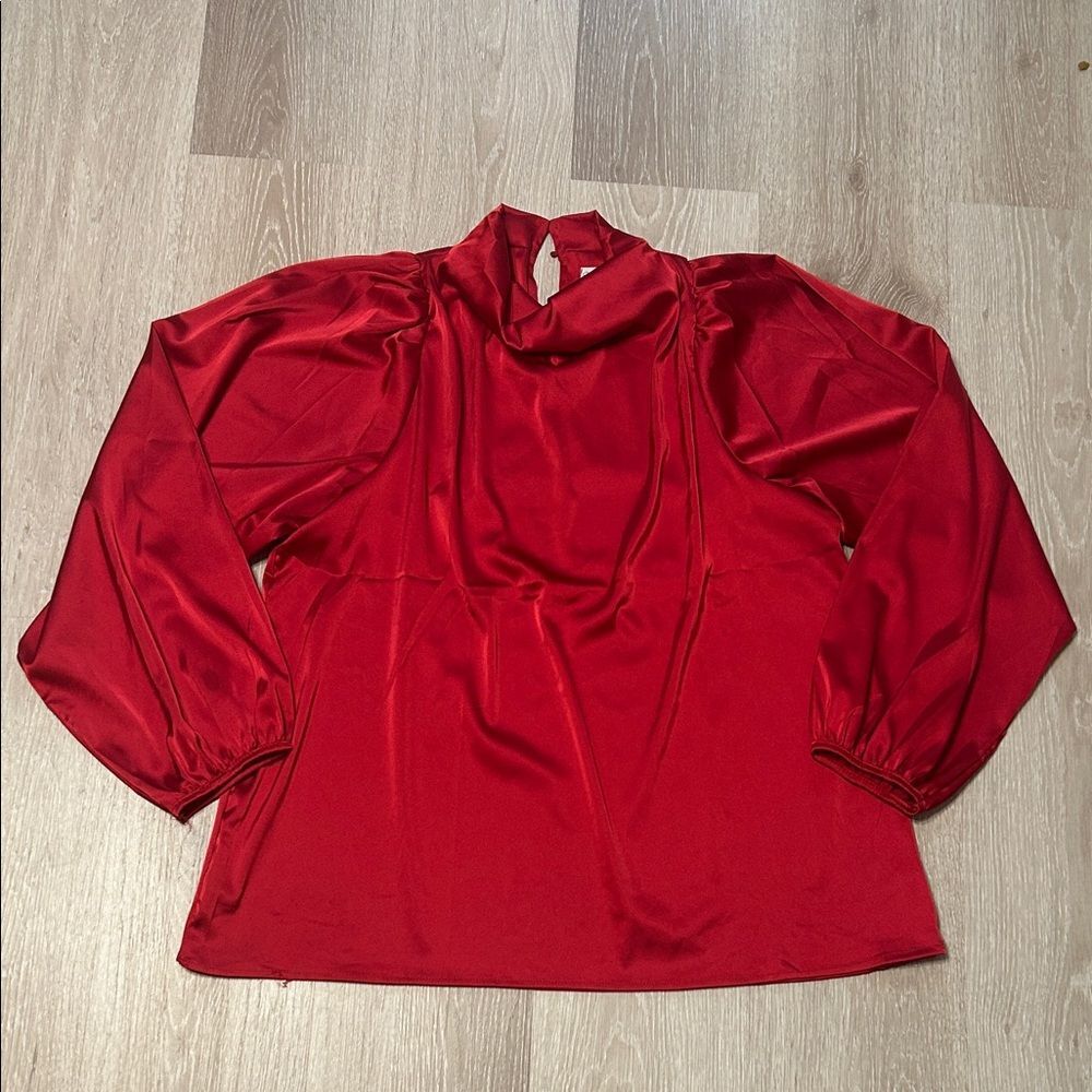 Shop The Mint Wide Sleeve Gathered Neckline Red Satin Blouse sz Medium
